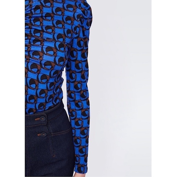 DVF Merino Wool Mod 60s Geo Print Puff Long Sleeve Ruched Turtleneck Sweater M - Picture 10 of 14